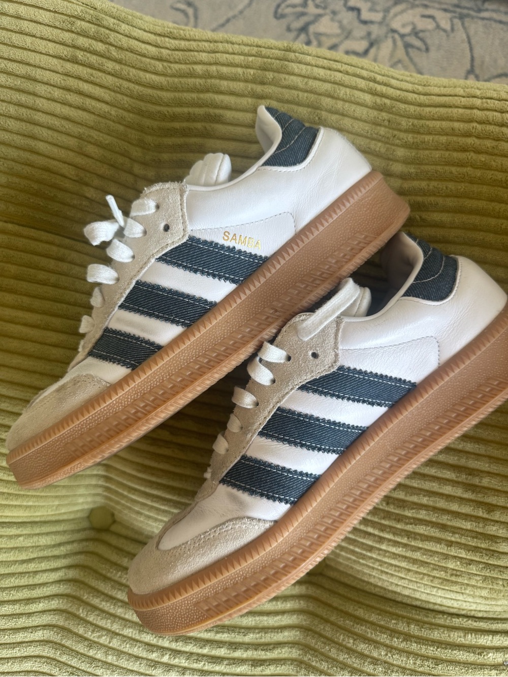 adidas Samba White Sneakers with Navy Stripes and Gum Sole - Picture 1 of 4